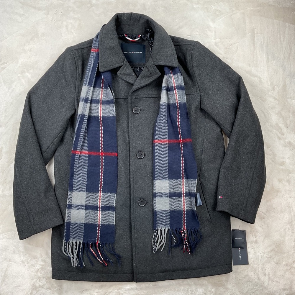 Tommy Hilfiger Mens Charcoal Grey Wool Blend Walker Coat Scarf MEDIUM NEW